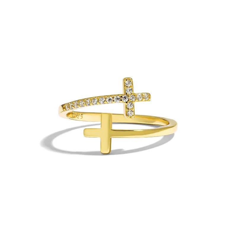 Regina Gold Cross Open Ring, white CZ cross motif in 18K gold vermeil