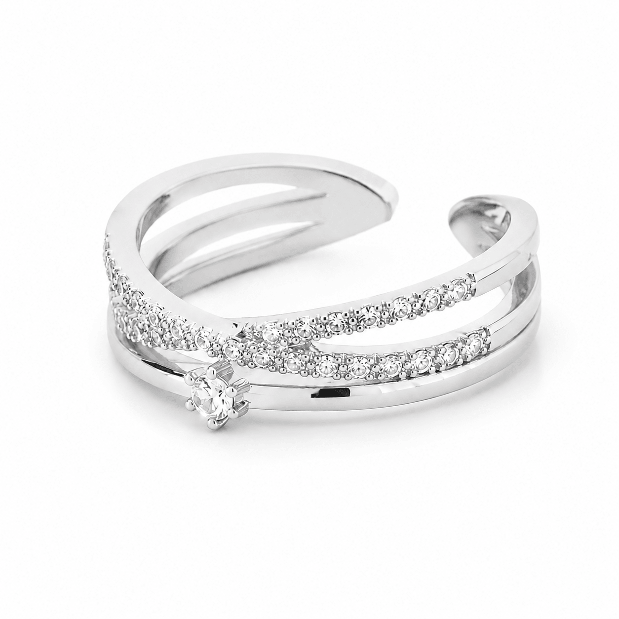 Close-up of Camille gold crystal open ring showing the CZ-set band