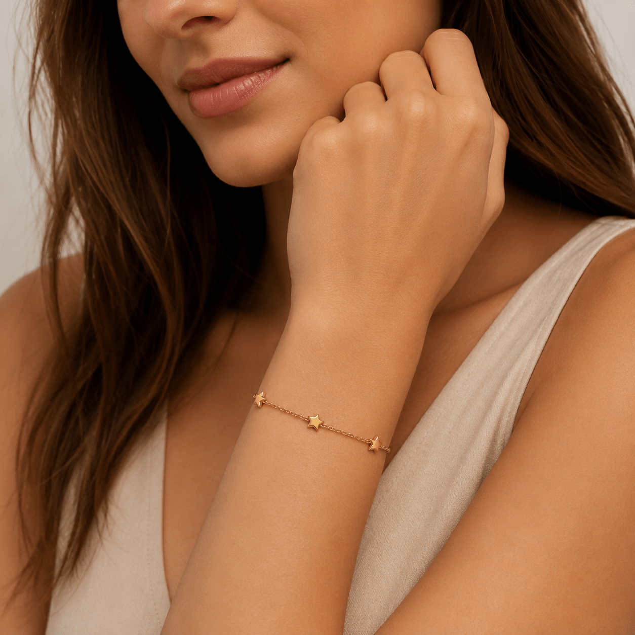 Close-up of Frida Gold Star Charms Bracelet showing the star charms