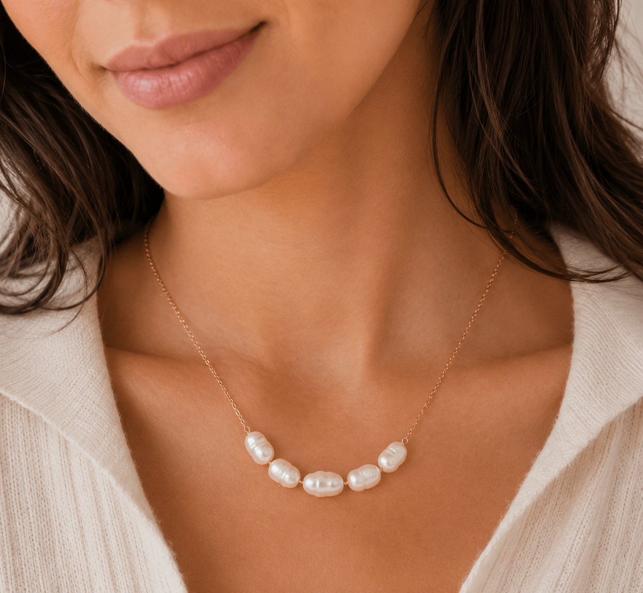 Side view of Nora Gold Pearl Cluster Necklace showing the chain