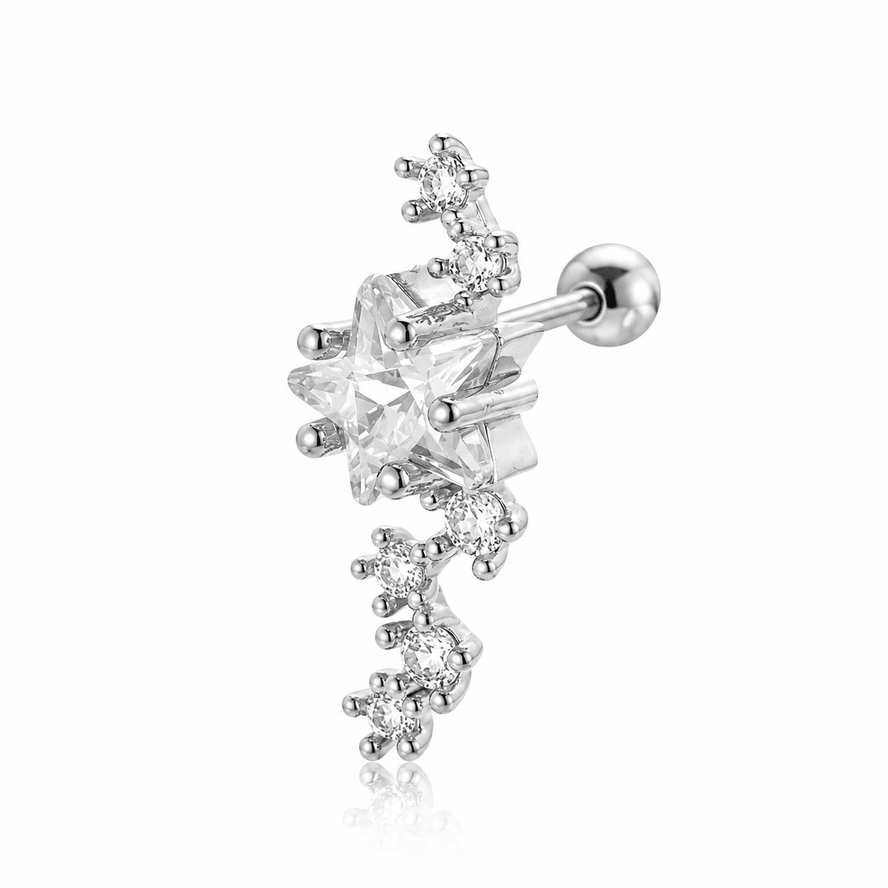 Woman wearing the Stella Gold Crystal Star Climber Earrings