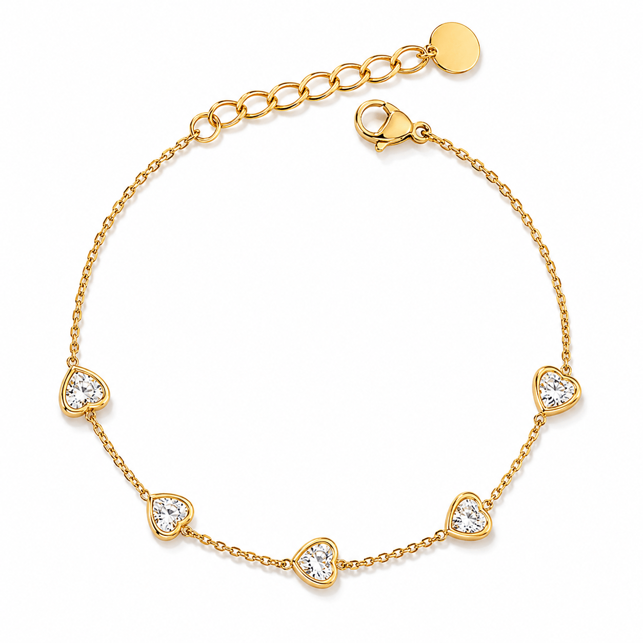 Cecilia gold heart crystal station bracelet with CZ-set heart charms, front view