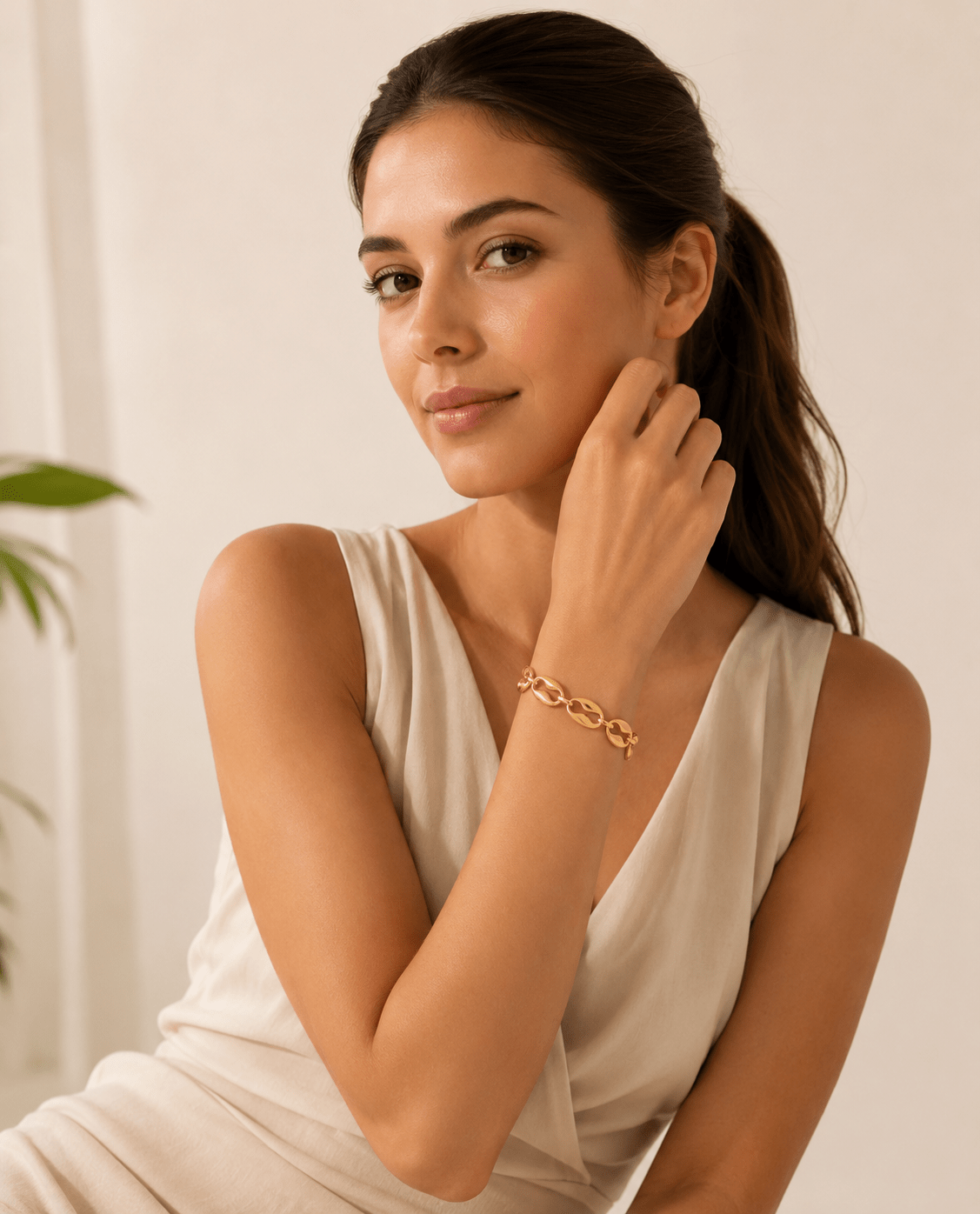 Woman wearing the Simone Gold Oval Link Chain Bracelet