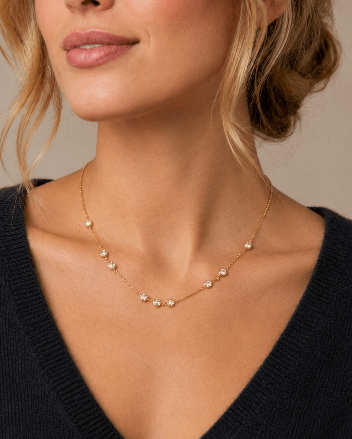 Side view of Renata Gold Twin Crystal Necklace showing the chain