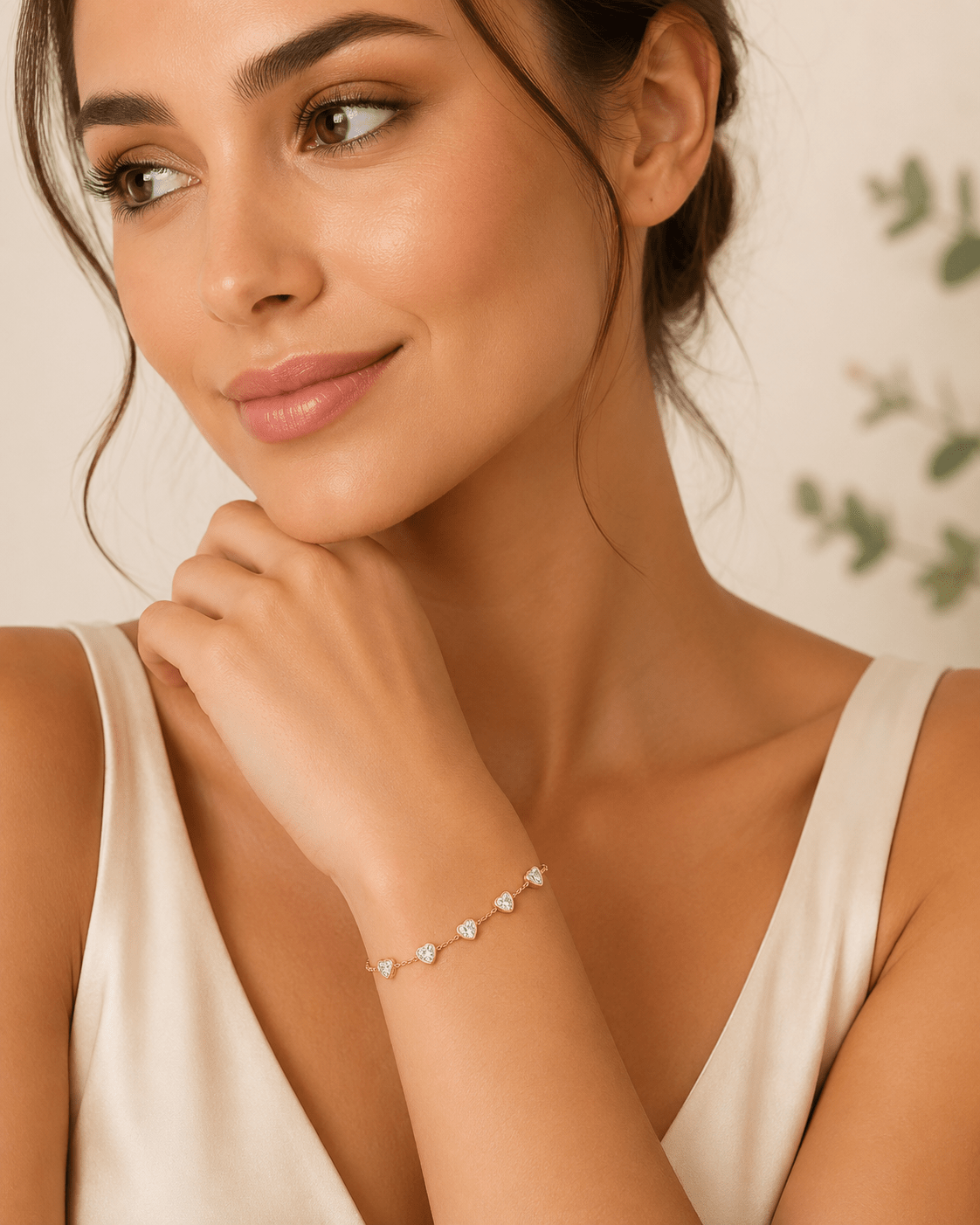 Close-up of Cecilia gold bracelet showing the heart charm stations and clasp