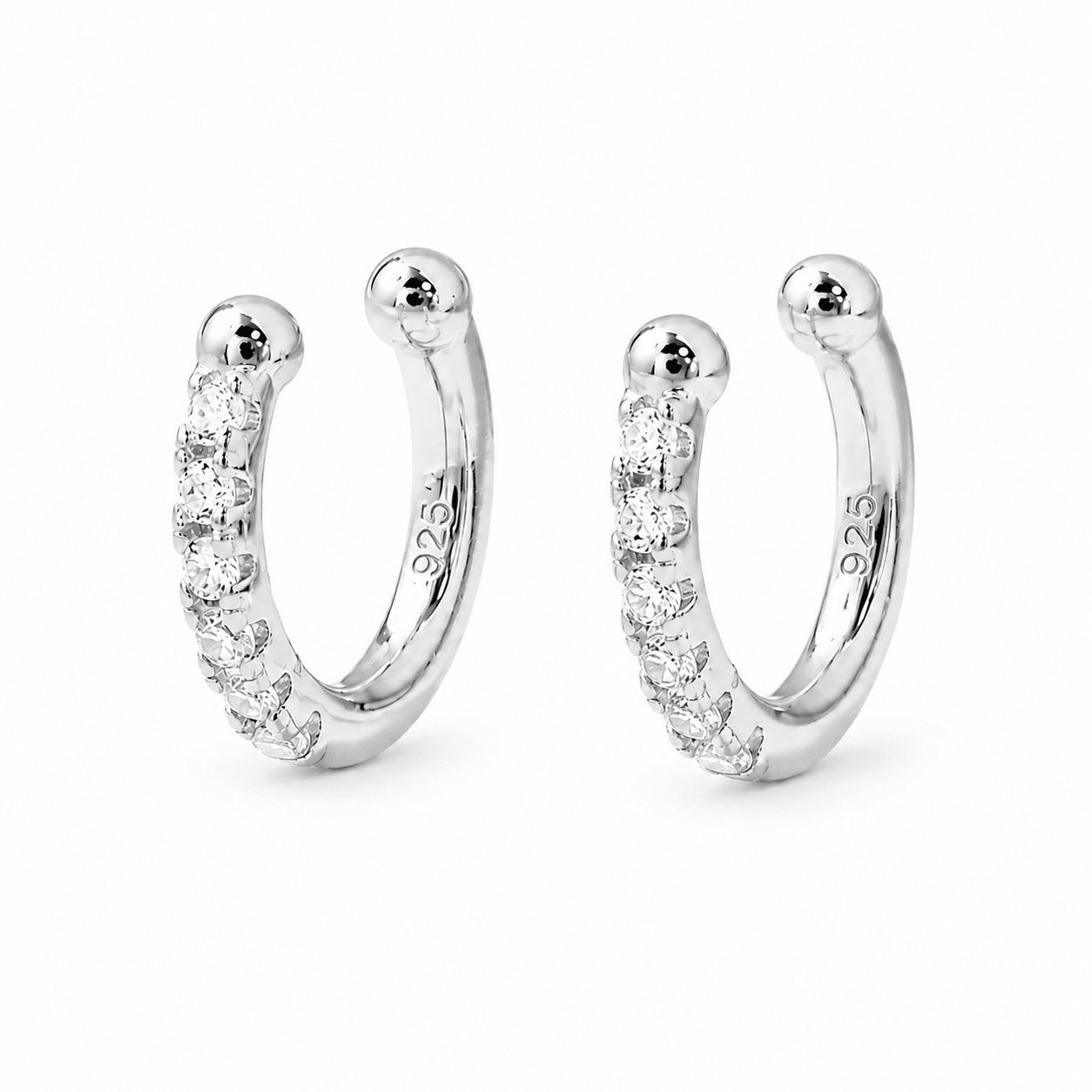 Woman wearing the Rosa Gold Crystal C-Cuff Earrings