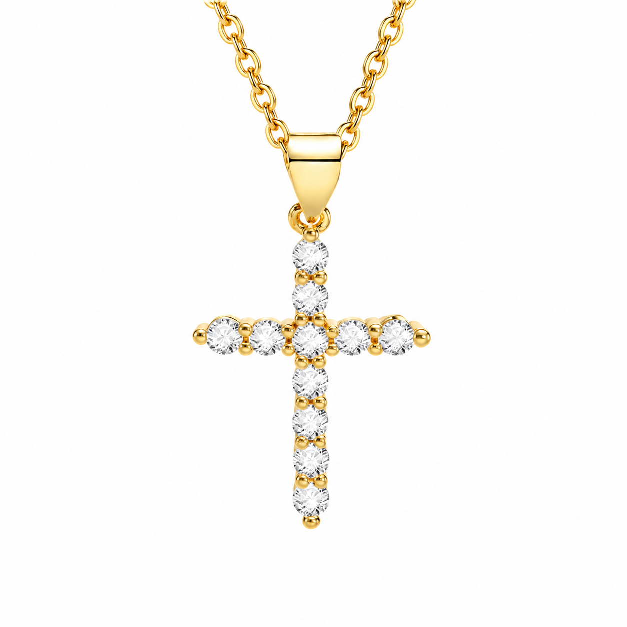 Lia Gold Cross Necklace, white CZ cross pendant on 18K gold-plated stainless steel chain