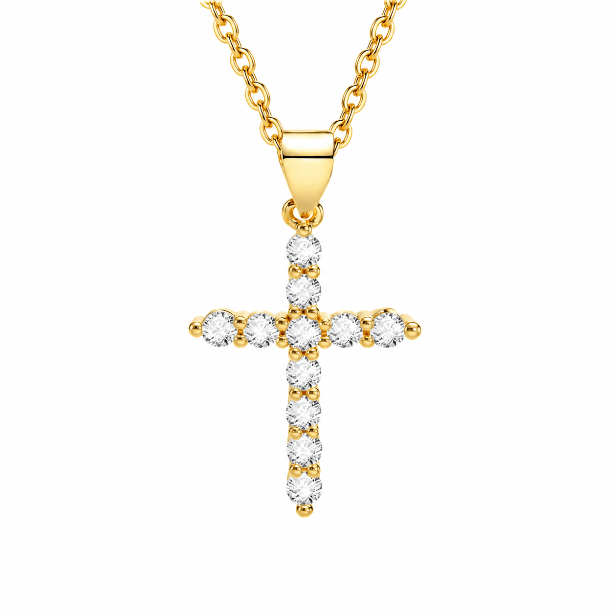 Lia Gold Cross Necklace, white CZ cross pendant on 18K gold-plated stainless steel chain
