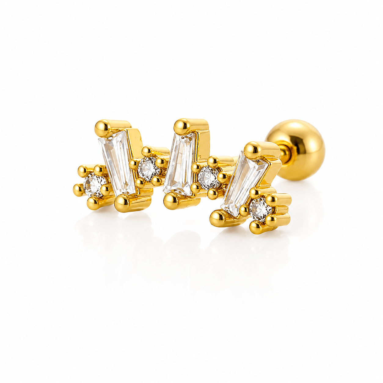 Close-up of Selena gold crescent moon stud earrings with a white CZ crystal accent