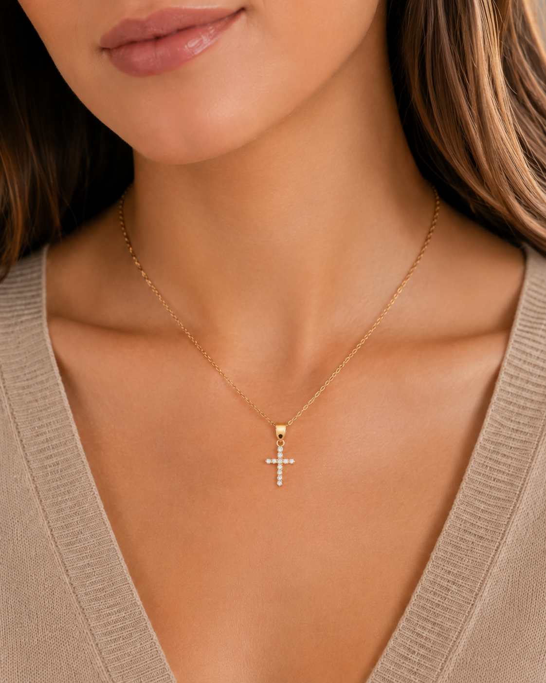 Lia Gold Cross Necklace, styled