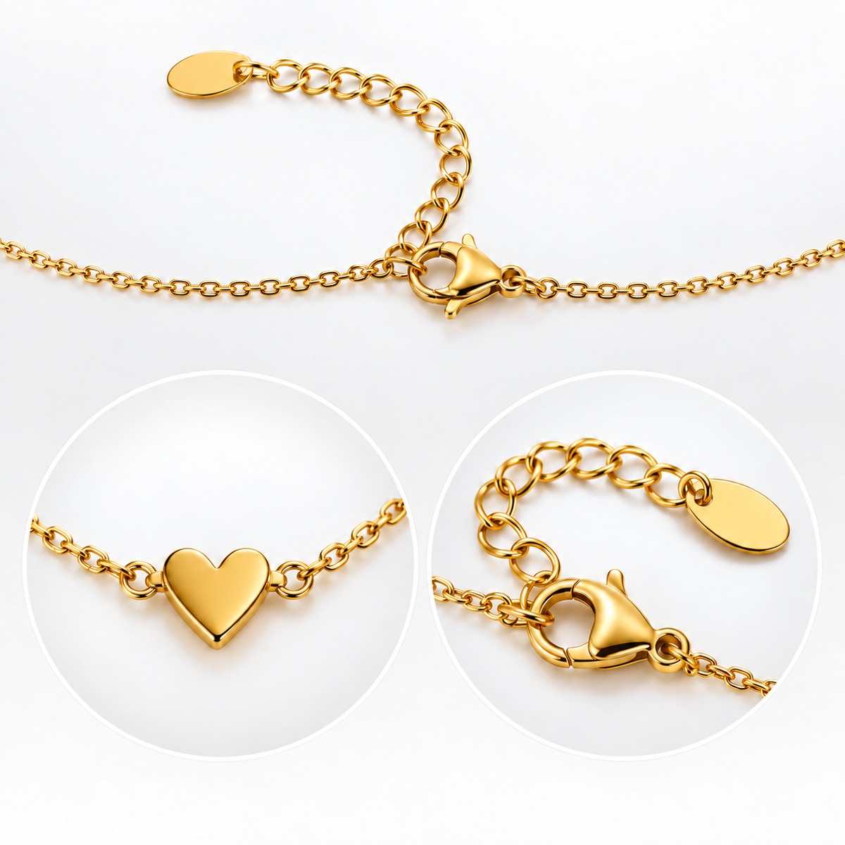 Colette Heart Station Necklace in gold, close-up details of the heart charm and clasp