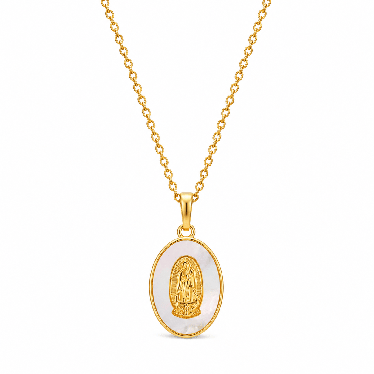 Guadalupe Gold Pearl Necklace, oval mother-of-pearl pendant engraved with Our Lady of Guadalupe, on a gold chain, product shot on white background.