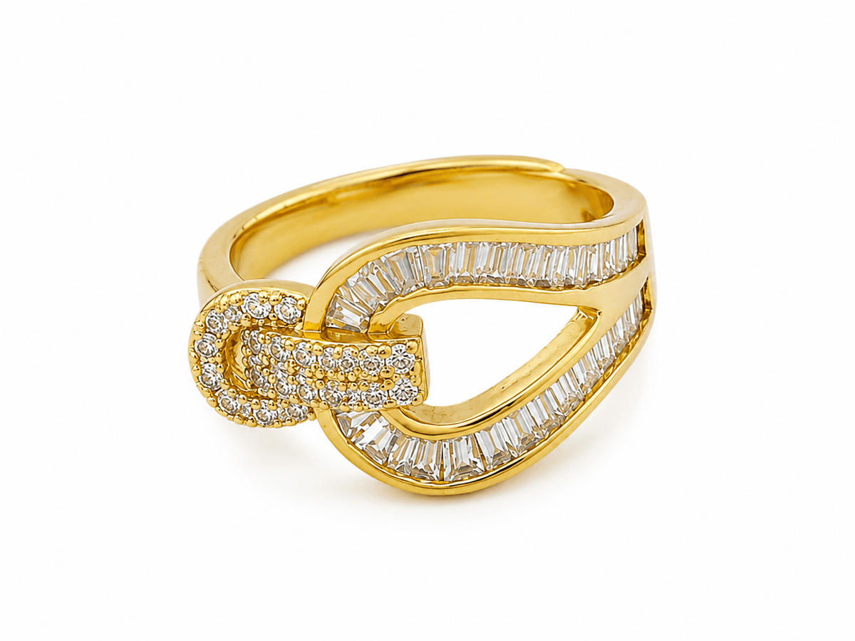 Solenne Gold Pavé Knot Ring, gold interlocking bands with pavé and baguette CZ stones, product shot