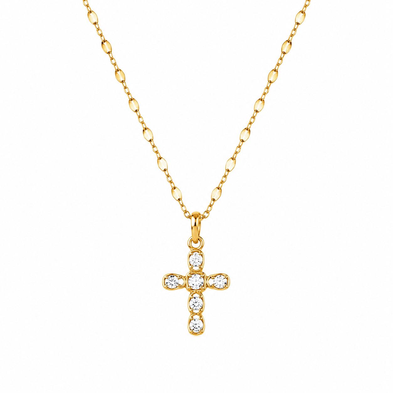 Catalina Gold Crystal Cross Necklace, front view