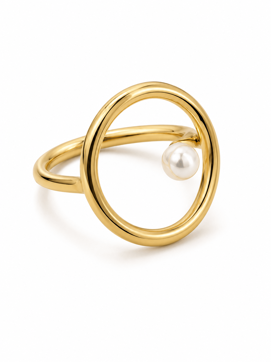 Anouk Gold Pearl Halo Ring, open circle band with a single pearl, product shot