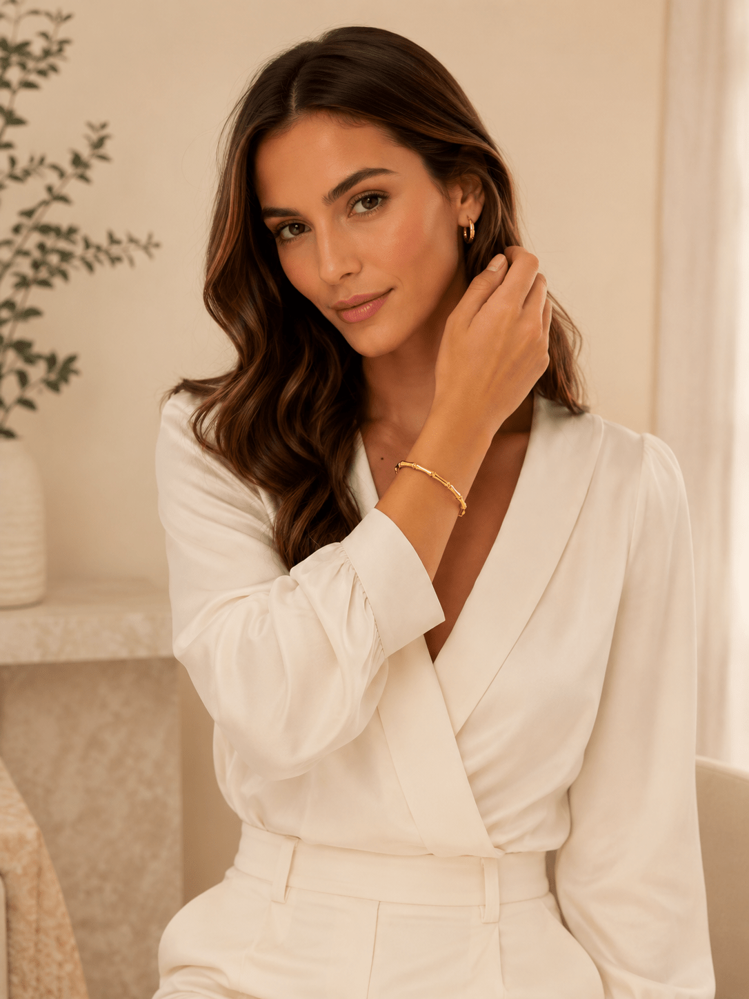 Woman wearing the Elena Gold Sculptural Bangle Bracelet