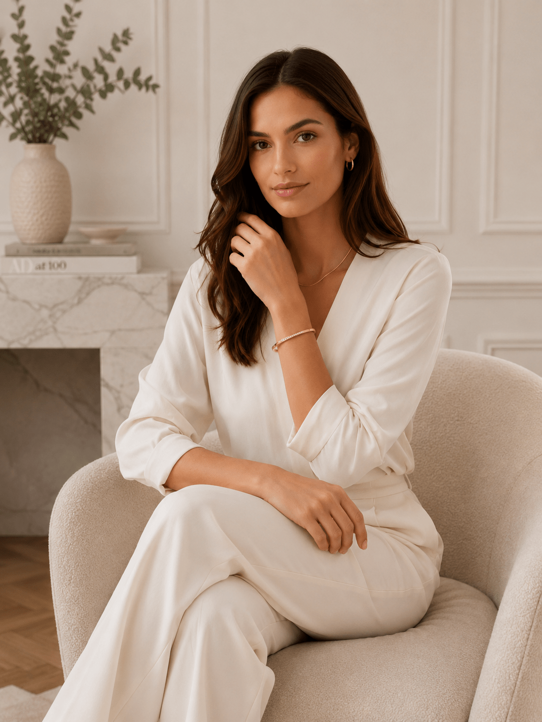 Woman wearing the Hadley Gold Round Bangle Bracelet