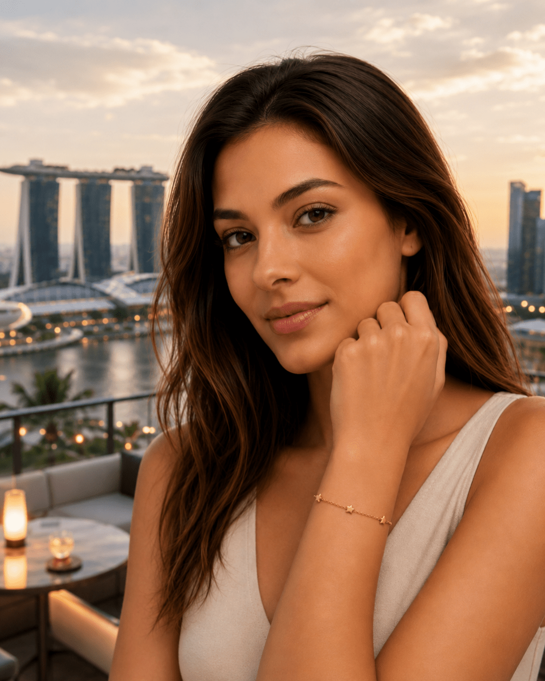 A woman with long brown hair wearing a delicate gold chain bracelet, posing in front of a sunset view of Marina Bay Sands in Singapore.