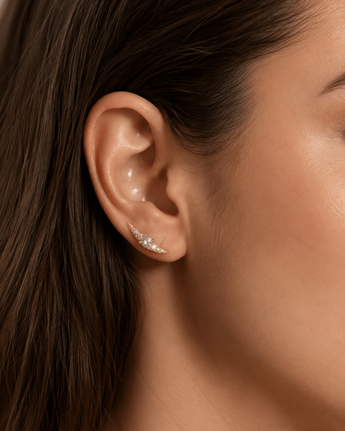 Woman wearing the Daisy Gold Crystal Crescent Moon Stud Earrings