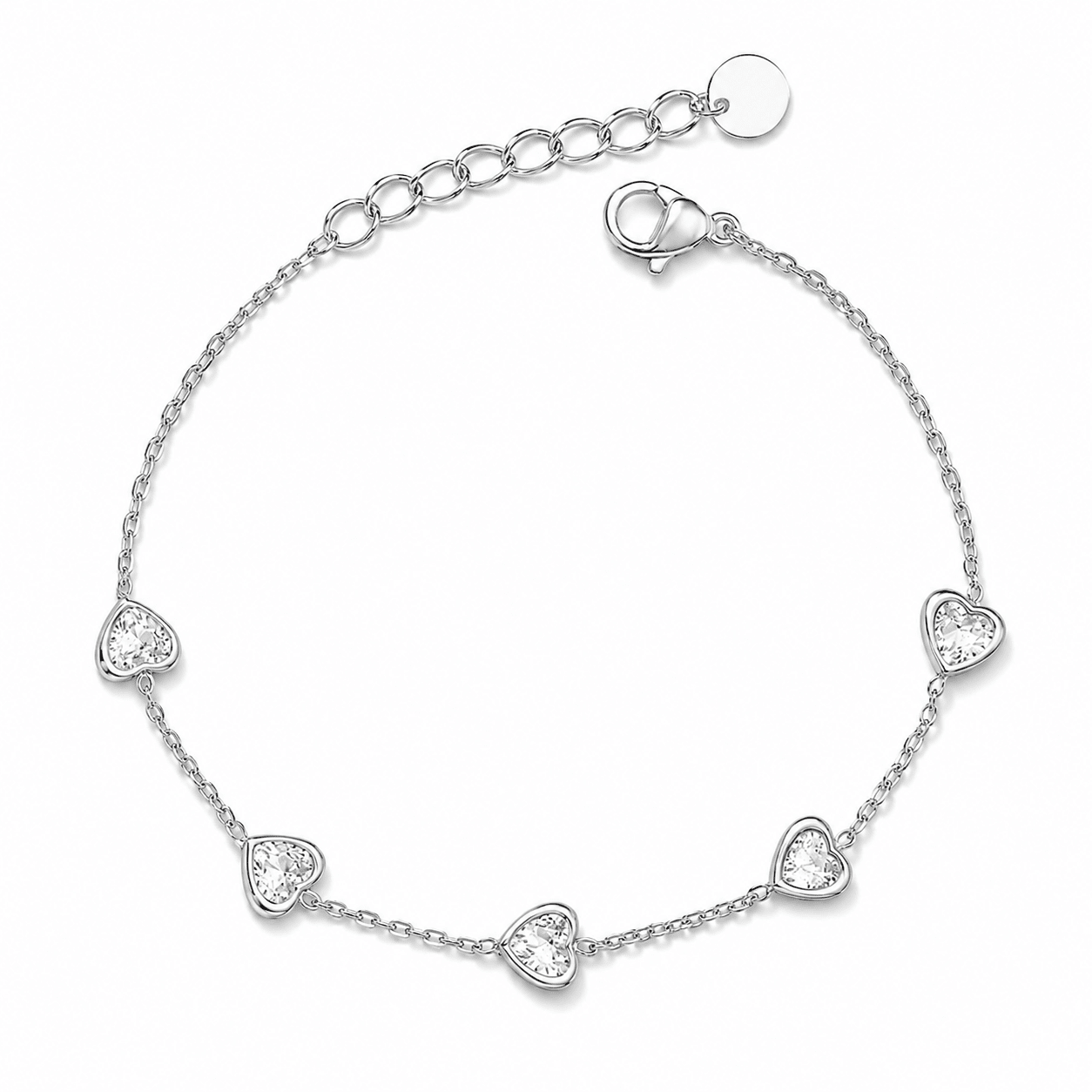 Woman wearing the Cecilia gold heart crystal station bracelet