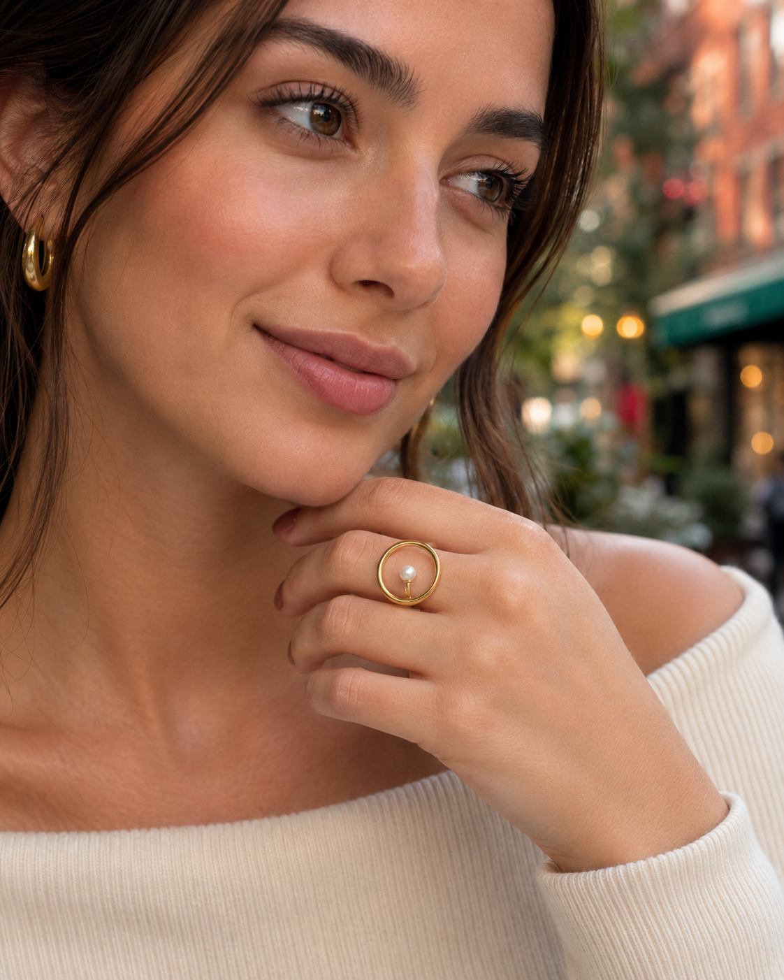 Anouk Gold Pearl Halo Ring, worn on model, close-up detail