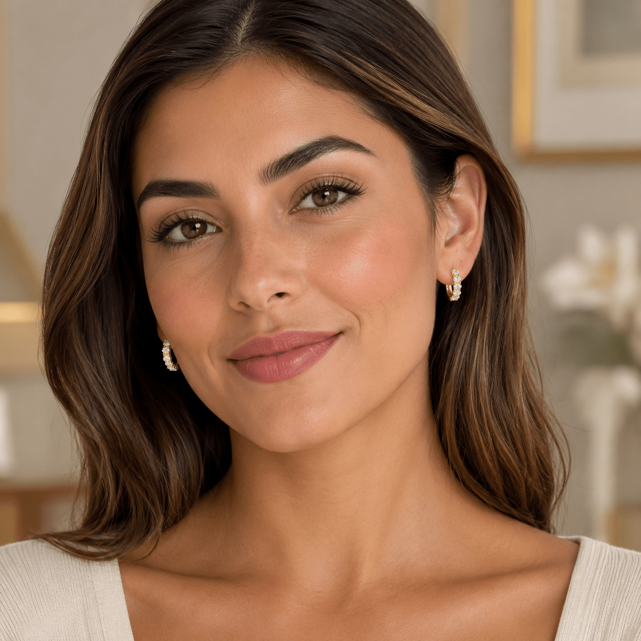 Close-up of June Gold Crystal Huggie Hoop Earrings showing the crystal pavé