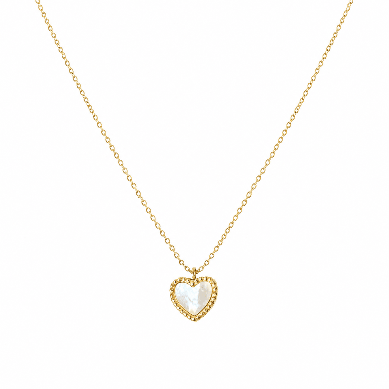 A delicate gold chain necklace featuring a small heart-shaped pendant with a milky white inlay and a textured gold border, set against a plain white background.