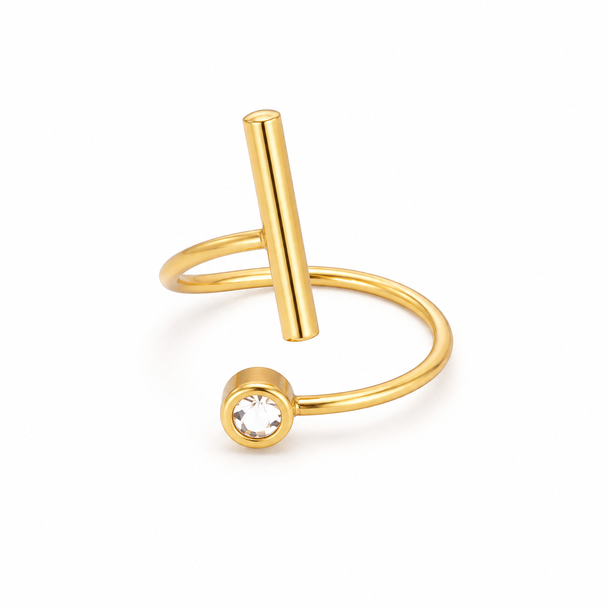 Fabienne Gold Bar Open Ring, gold bar and round CZ stone on an open adjustable band, product shot