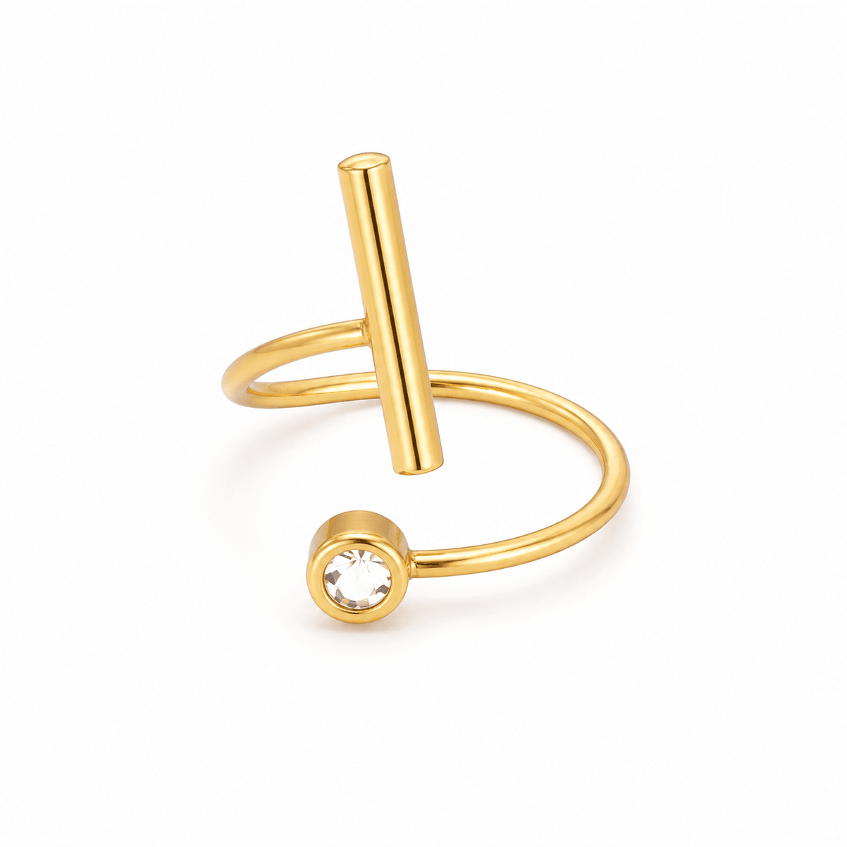 Fabienne Gold Bar Open Ring, gold bar and round CZ stone on an open adjustable band, product shot