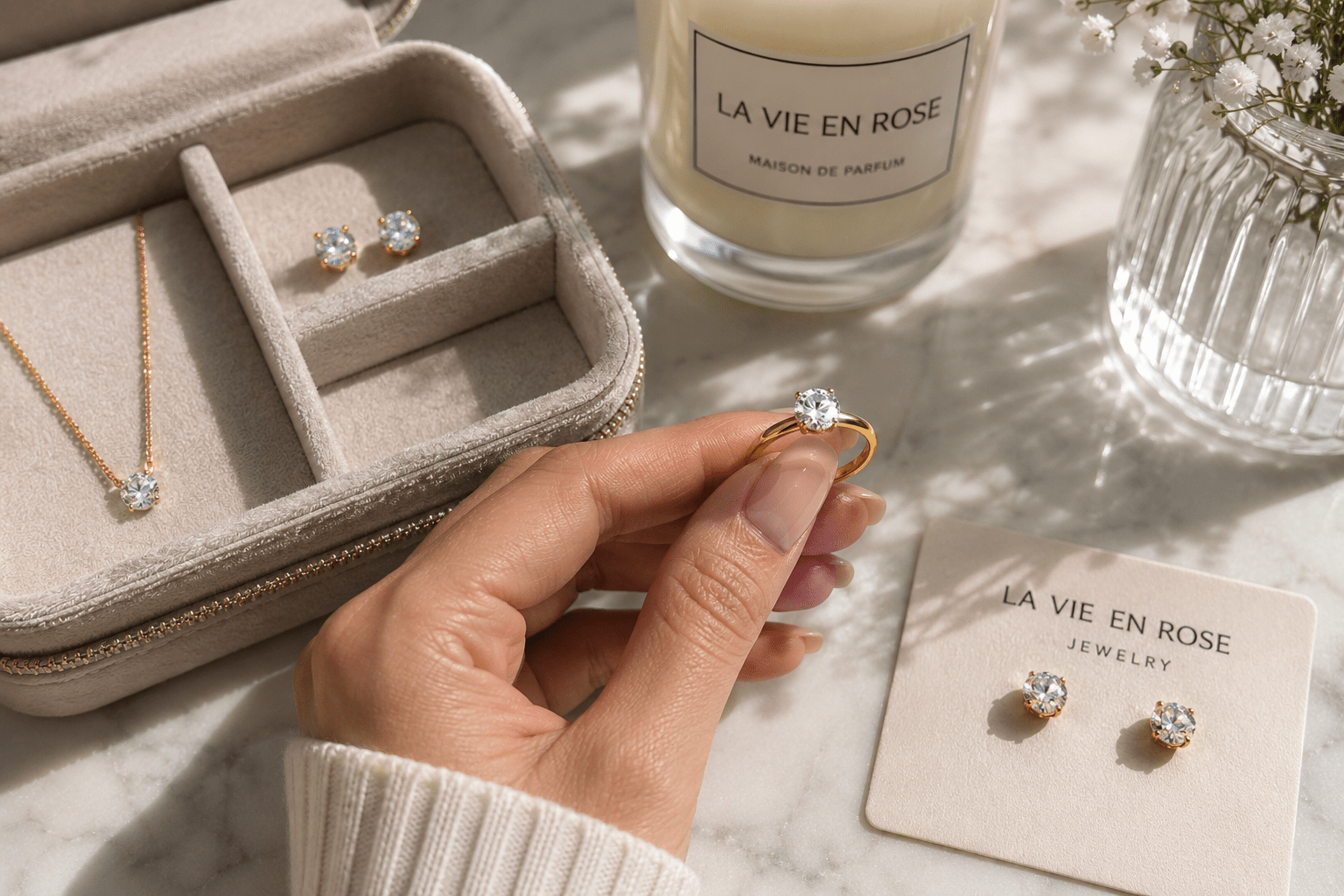 CZ stud earrings, a CZ ring, and a CZ pendant necklace displayed in a jewelry travel case alongside a La Vie en Rose candle and earring card.
