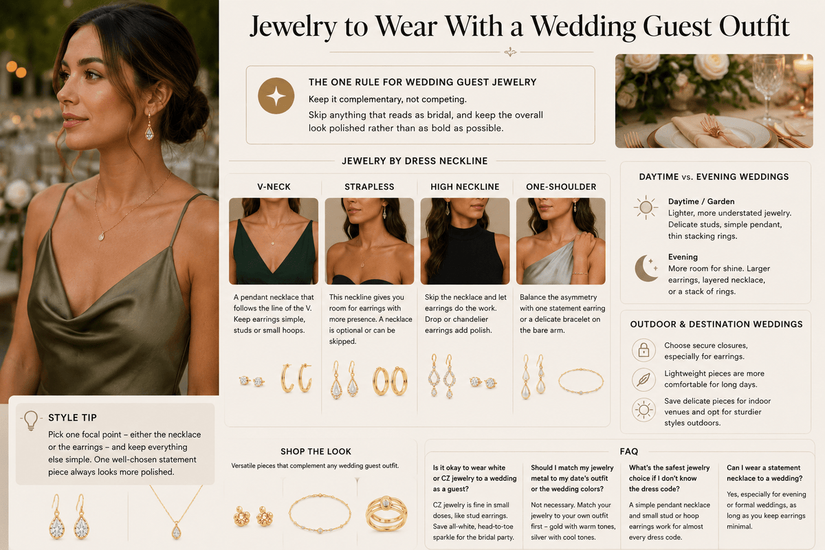 A woman at an outdoor wedding wearing gold drop earrings and a pendant necklace, next to a guide for pairing jewelry with wedding guest necklines.