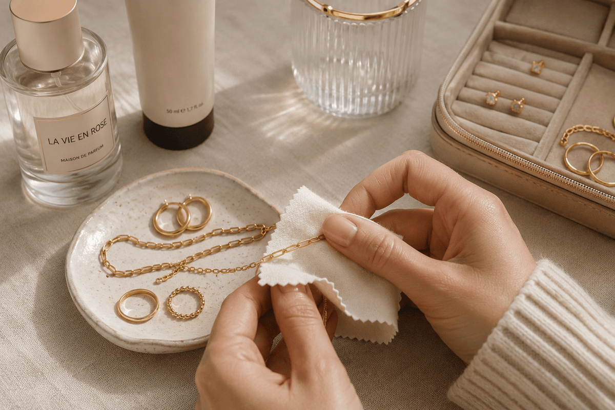 Hands polishing 18K gold-plated hoop earrings, a chain bracelet, and rings with a soft cleaning cloth on a jewelry dish.