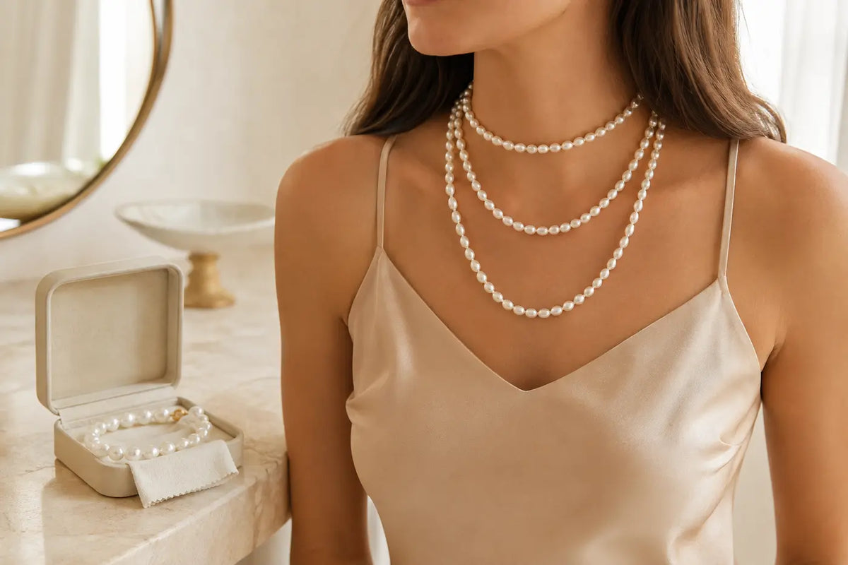 Woman wearing three graduated freshwater pearl necklaces beside an ivory jewelry box with a pearl strand and care cloth.