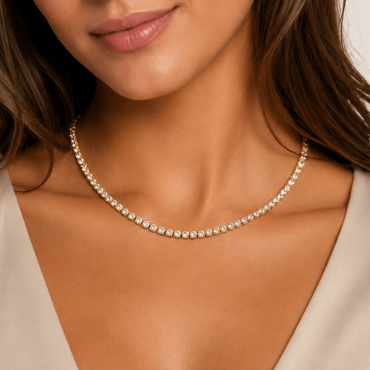 Woman wearing the Emilia Gold Tennis Chain Necklace