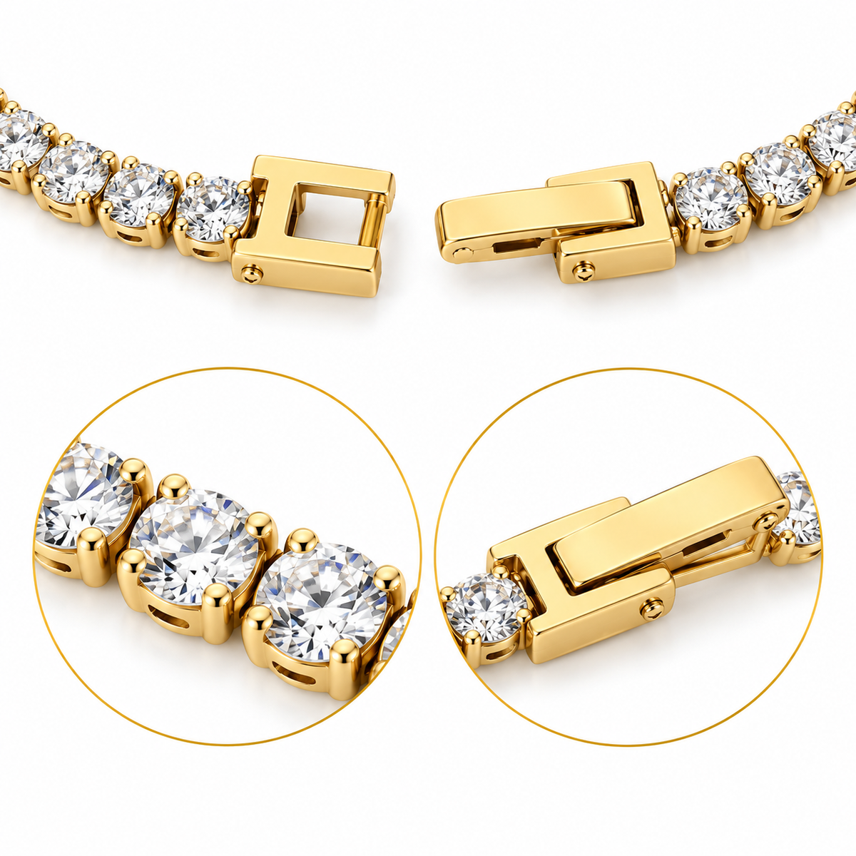 Gold tennis bracelet with clear cubic zirconia stones, shown in a multi-view layout with two circular close-ups highlighting the bezel settings and the clasp mechanism.