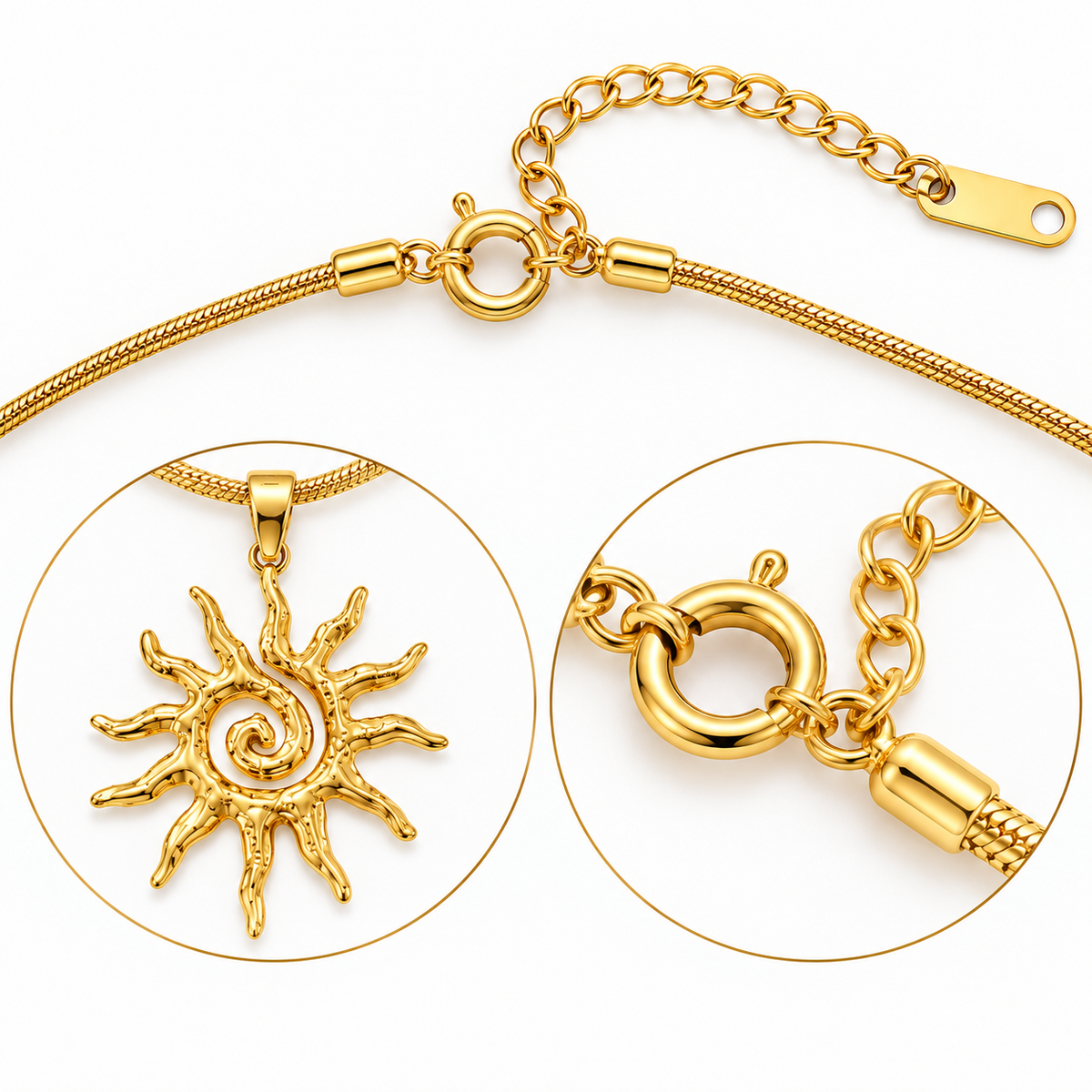 Gold-tone chain necklace with a spiral sun pendant, shown on a white background with two circular detail insets highlighting the pendant and clasp.