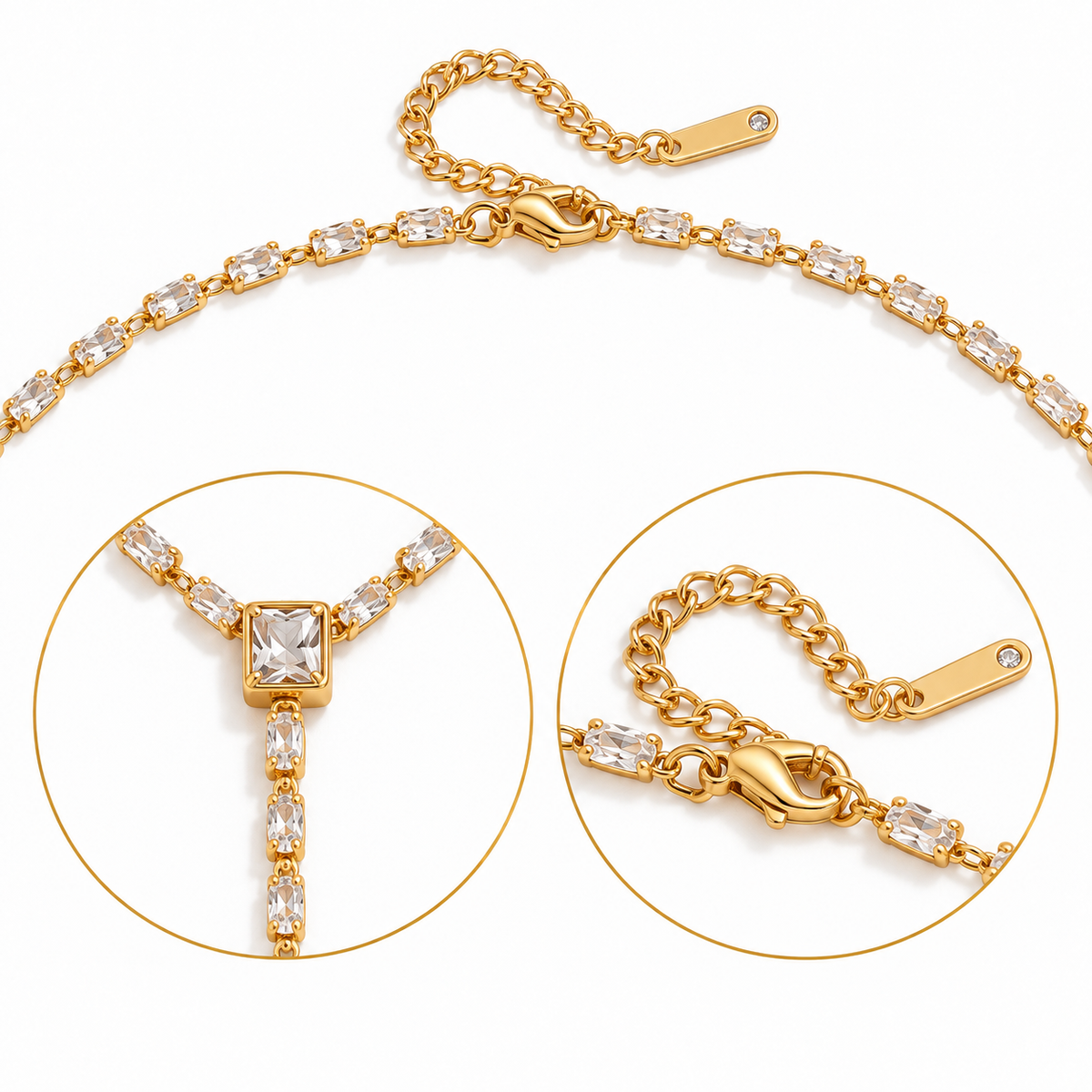 Gold chain necklace with clear rectangular and round stones, shown on a white background with two circular detail insets highlighting the clasp and pendant setting.