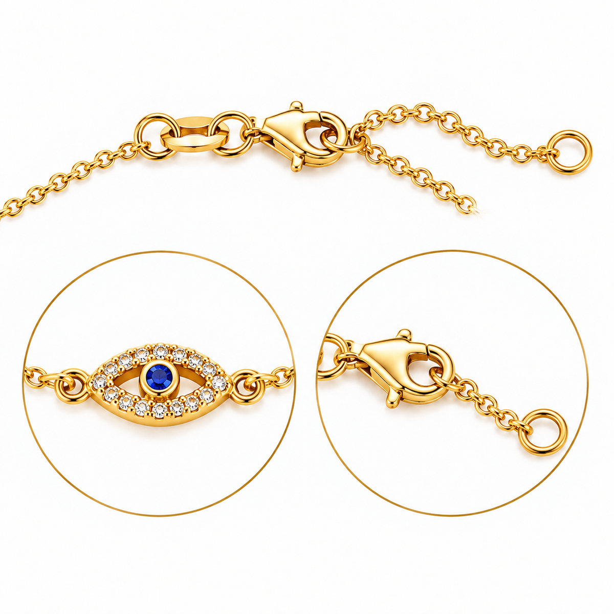 Gold-tone chain necklace with a lobster clasp and extender chain, shown on a white background with two circular close-up insets highlighting the evil-eye charm with a blue center stone and the clasp detail.