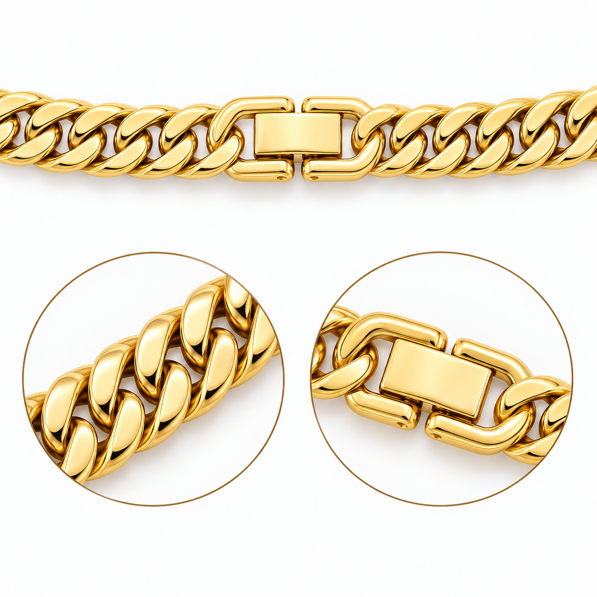A polished yellow gold Cuban link chain bracelet shown on a white background, with two circular close-up insets highlighting the chain links and clasp detail.