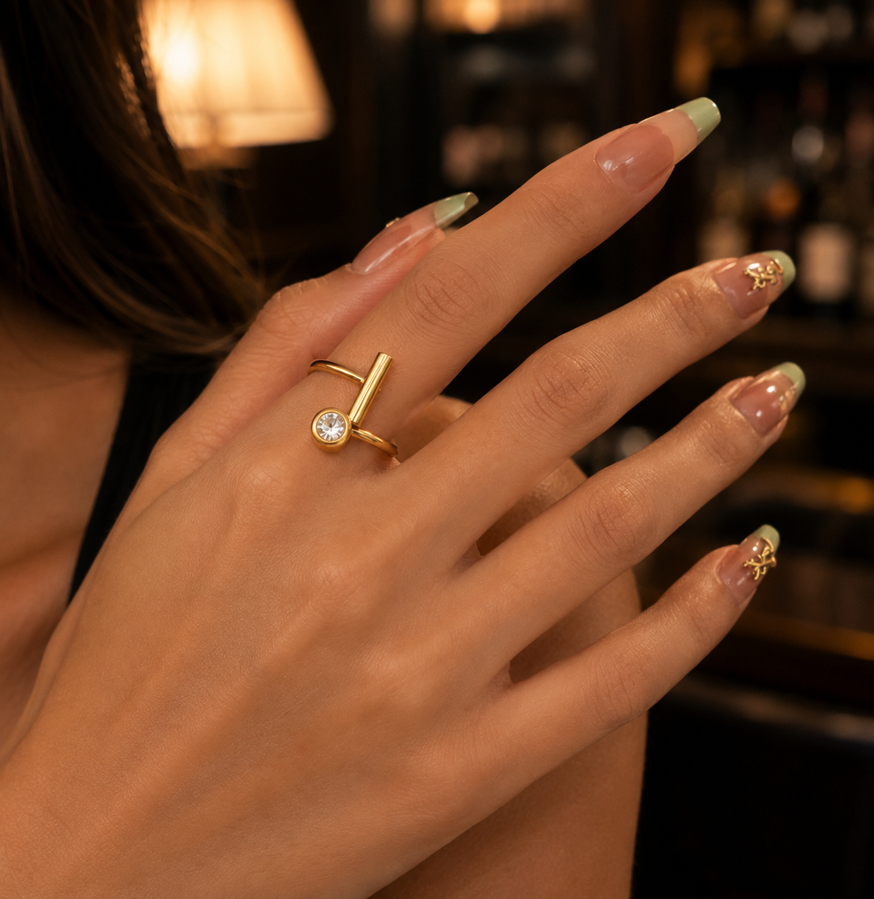Fabienne Gold Bar Open Ring, worn on model, close-up detail