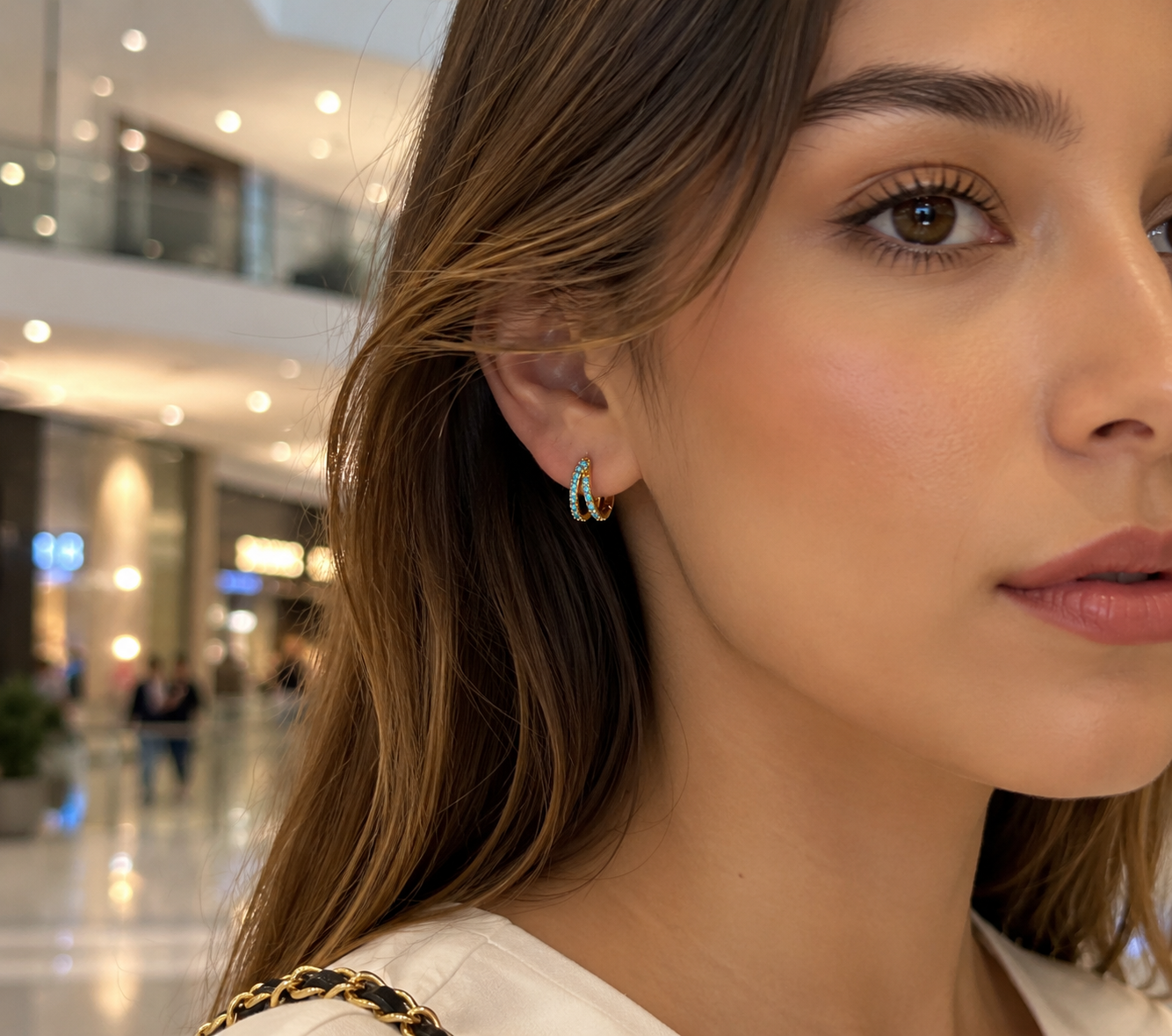 Marina Aqua Crystal Bar Hoop Earrings, styled