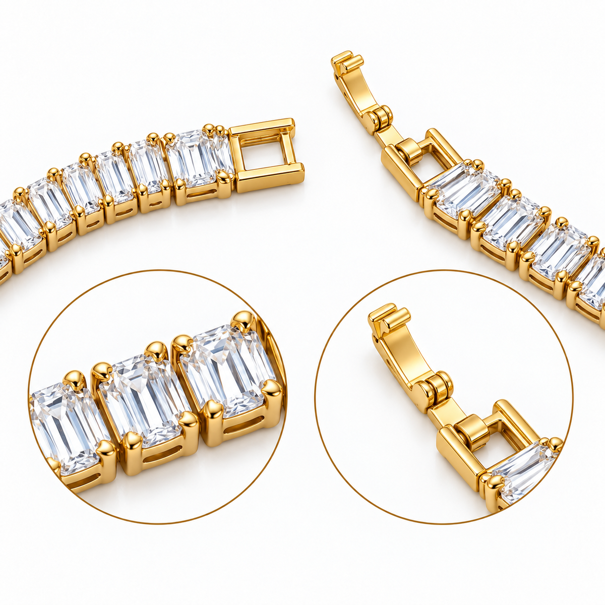 Gold tennis-style bracelet with clear rectangular baguette gemstones, shown on a white background with two circular close-up detail views highlighting the setting and clasp.