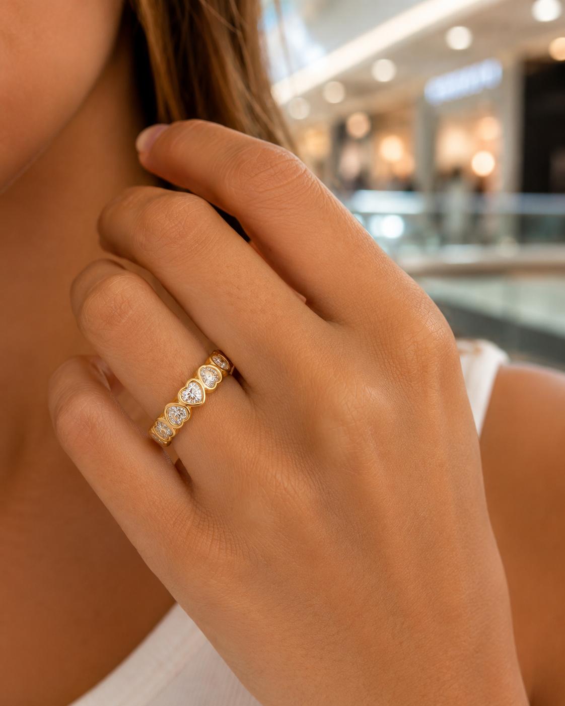 Amandine Gold Heart Eternity Ring worn on hand