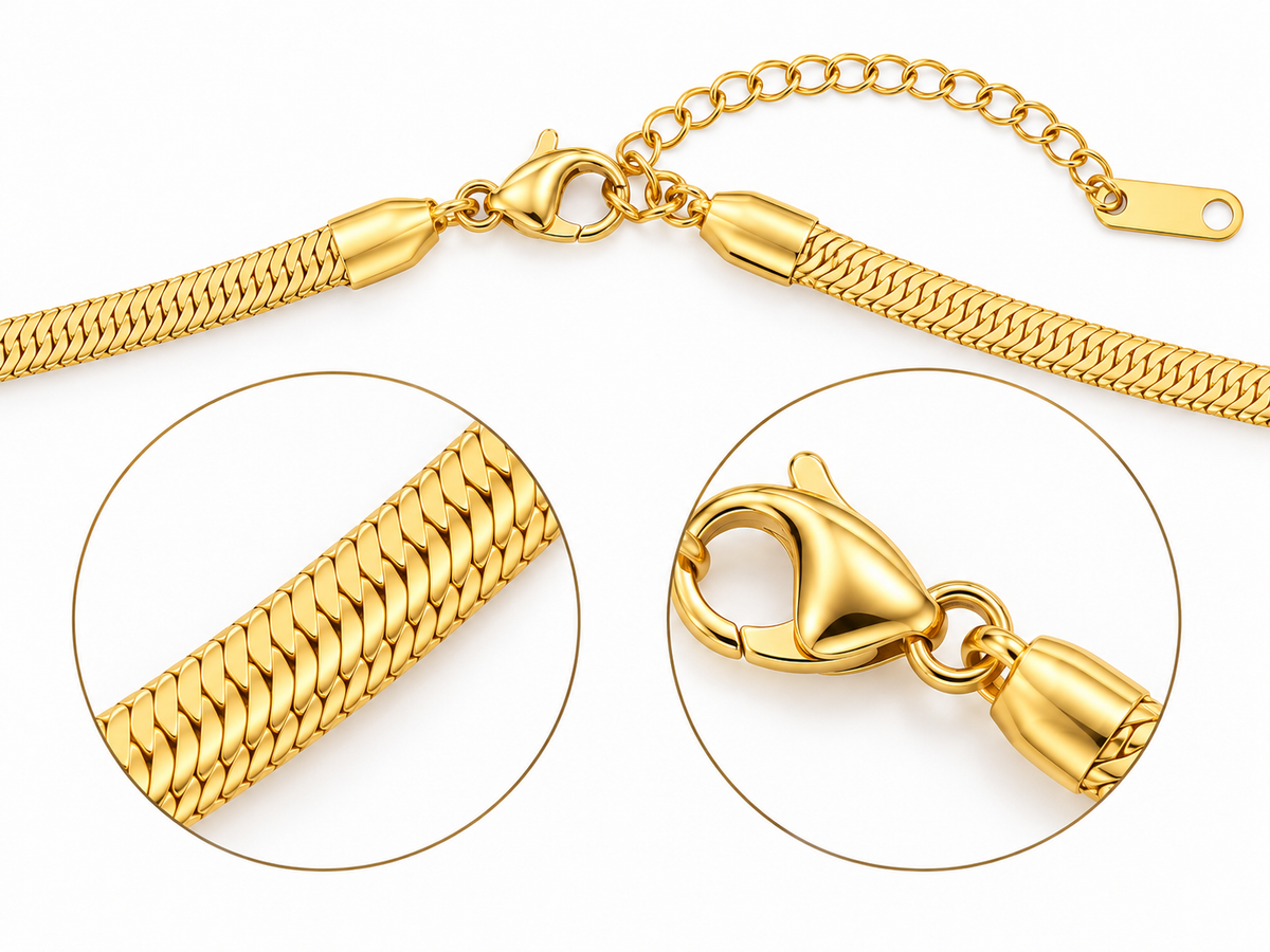 Gold-tone snake chain bracelet with lobster clasp and extender, shown on a white background with two circular close-up detail insets highlighting the chain texture and clasp.