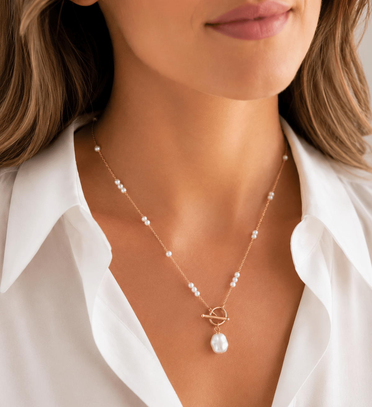 Woman wearing the Mia Gold Baroque Pearl Long Necklace