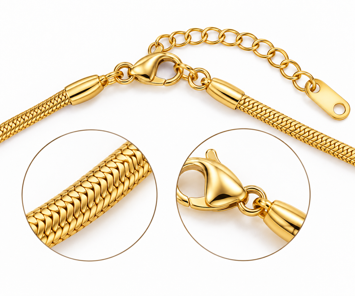 Gold snake chain necklace with lobster clasp and extender chain, shown on a white background with two circular detail insets highlighting the chain texture and clasp closure.