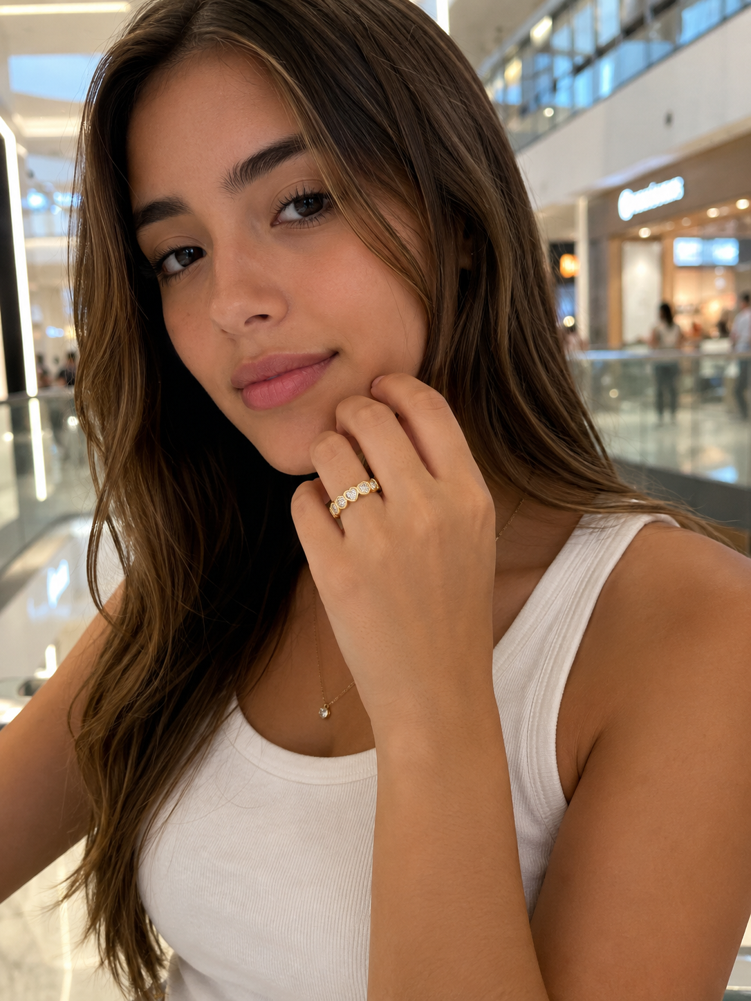 Amandine Gold Heart Eternity Ring lifestyle photo