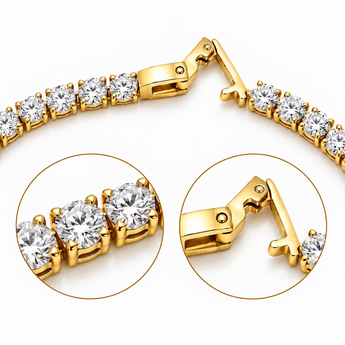 Gold tennis bracelet with clear round-cut stones, shown on a white background with two circular close-up insets highlighting the clasp and stone details.