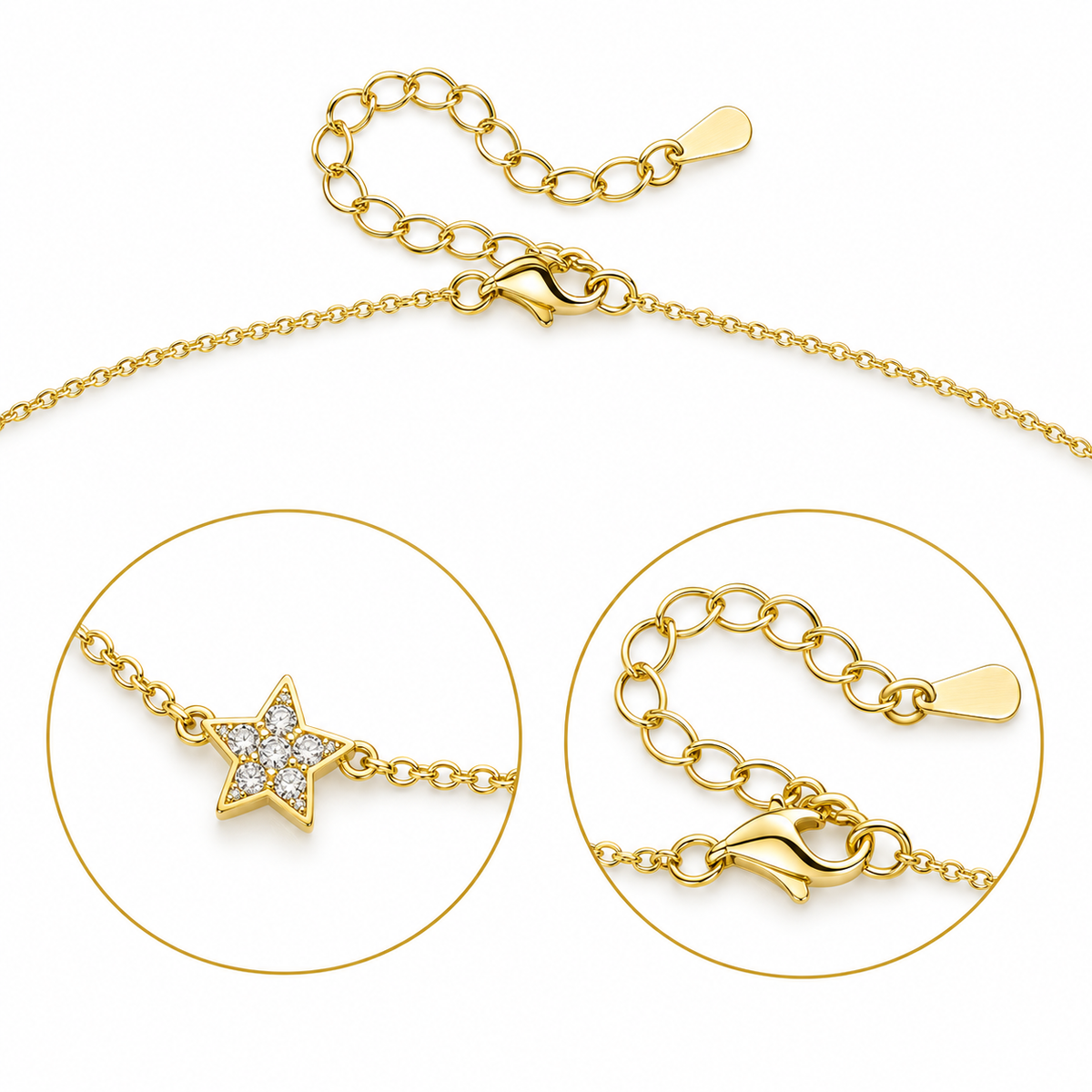 Lola gold-tone star station necklace with close-up details of a stone-set star and lobster clasp.