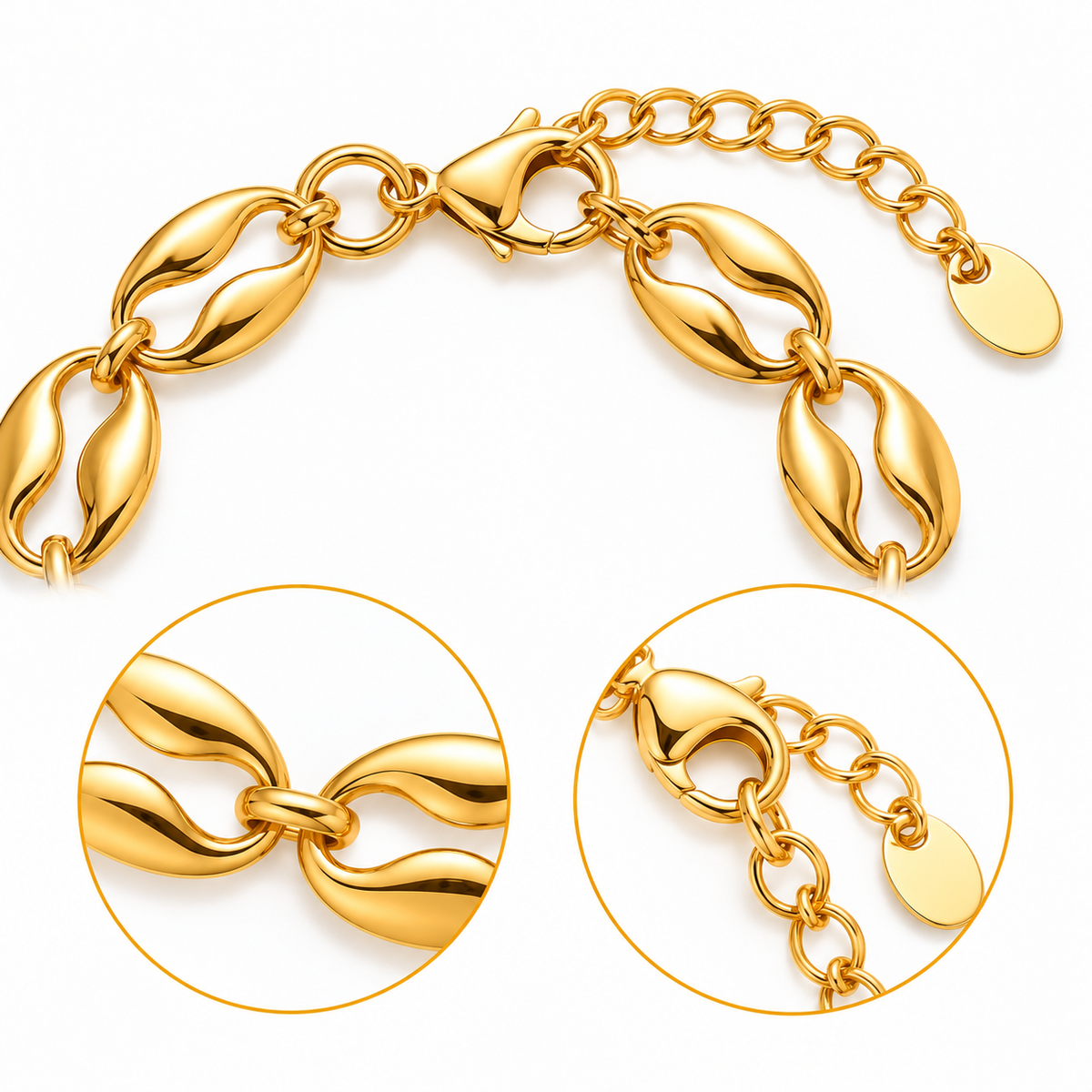 Gold-tone chain bracelet with large polished link segments and a lobster clasp, shown on a white background with two circular close-up detail insets.